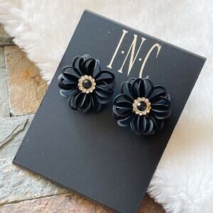 INC Floral Stud Earrings Black Clear Rhinestones New